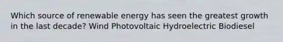 Which source of renewable energy has seen the greatest growth in the last decade? Wind Photovoltaic Hydroelectric Biodiesel