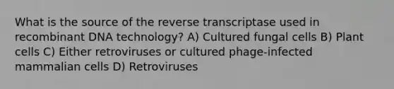 What is the source of the reverse transcriptase used in recombinant DNA technology? A) Cultured fungal cells B) Plant cells C) Either retroviruses or cultured phage-infected mammalian cells D) Retroviruses