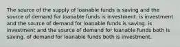 The source of the supply of loanable funds is saving and the source of demand for loanable funds is investment. is investment and the source of demand for loanable funds is saving. is investment and the source of demand for loanable funds both is saving. of demand for loanable funds both is investment.