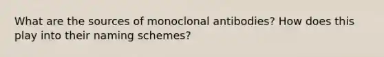 What are the sources of monoclonal antibodies? How does this play into their naming schemes?