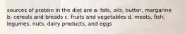 sources of protein in the diet are a. fats, oils, butter, margarine b. cereals and breads c. fruits and vegetables d. meats, fish, legumes, nuts, dairy products, and eggs