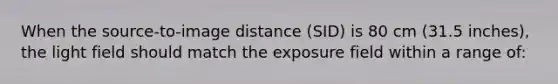 When the source-to-image distance (SID) is 80 cm (31.5 inches), the light field should match the exposure field within a range of: