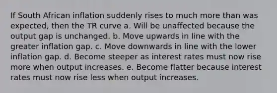 If South African inflation suddenly rises to much <a href='https://www.questionai.com/knowledge/keWHlEPx42-more-than' class='anchor-knowledge'>more than</a> was expected, then the TR curve a. Will be unaffected because the output gap is unchanged. b. Move upwards in line with the greater inflation gap. c. Move downwards in line with the lower inflation gap. d. Become steeper as interest rates must now rise more when output increases. e. Become flatter because interest rates must now rise less when output increases.