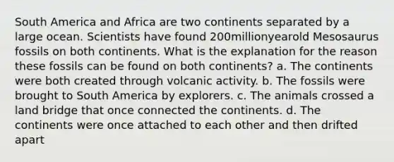 South America and Africa are two continents separated by a large ocean. Scientists have found 200millionyearold Mesosaurus fossils on both continents. What is the explanation for the reason these fossils can be found on both continents? a. The continents were both created through volcanic activity. b. The fossils were brought to South America by explorers. c. The animals crossed a land bridge that once connected the continents. d. The continents were once attached to each other and then drifted apart