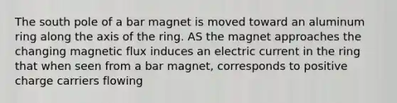 The south pole of a bar magnet is moved toward an aluminum ring along the axis of the ring. AS the magnet approaches the changing magnetic flux induces an electric current in the ring that when seen from a bar magnet, corresponds to positive charge carriers flowing