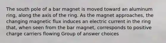 The south pole of a bar magnet is moved toward an aluminum ring, along the axis of the ring. As the magnet approaches, the changing magnetic flux induces an electric current in the ring that, when seen from the bar magnet, corresponds to positive charge carriers flowing Group of answer choices