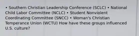 • Southern Christian Leadership Conference (SCLC) • National Child Labor Committee (NCLC) • Student Nonviolent Coordinating Committee (SNCC) • Woman's Christian Temperance Union (WCTU) How have these groups influenced U.S. culture?