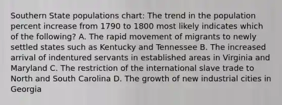 Southern State populations chart: The trend in the population percent increase from 1790 to 1800 most likely indicates which of the following? A. The rapid movement of migrants to newly settled states such as Kentucky and Tennessee B. The increased arrival of indentured servants in established areas in Virginia and Maryland C. The restriction of the international slave trade to North and South Carolina D. The growth of new industrial cities in Georgia