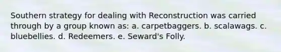 Southern strategy for dealing with Reconstruction was carried through by a group known as: a. carpetbaggers. b. scalawags. c. bluebellies. d. Redeemers. e. Seward's Folly.