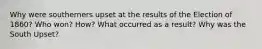 Why were southerners upset at the results of the Election of 1860? Who won? How? What occurred as a result? Why was the South Upset?