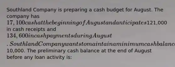 Southland Company is preparing a cash budget for August. The company has 17,100 cash at the beginning of August and anticipates121,000 in cash receipts and 134,600 in cash payments during August. Southland Company wants to maintain a minimum cash balance of10,000. The preliminary cash balance at the end of August before any loan activity is: