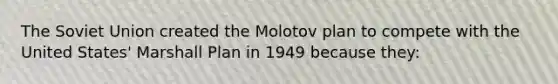 The Soviet Union created the Molotov plan to compete with the United States' Marshall Plan in 1949 because they: