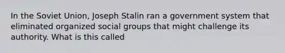 In the Soviet Union, Joseph Stalin ran a government system that eliminated organized social groups that might challenge its authority. What is this called