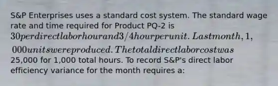 S&P Enterprises uses a standard cost system. The standard wage rate and time required for Product PQ-2 is 30 per direct labor hour and 3/4 hour per unit. Last month, 1,000 units were produced. The total direct labor cost was25,000 for 1,000 total hours. To record S&P's direct labor efficiency variance for the month requires a: