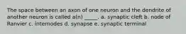 The space between an axon of one neuron and the dendrite of another neuron is called a(n) _____. a. synaptic cleft b. node of Ranvier c. internodes d. synapse e. synaptic terminal