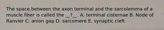 The space between the axon terminal and the sarcolemma of a muscle fiber is called the __?__. A. terminal cisternae B. Node of Ranvier C. anion gap D. sarcomere E. synaptic cleft