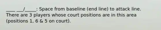 ____ ___/_____: Space from baseline (end line) to attack line. There are 3 players whose court positions are in this area (positions 1, 6 & 5 on court).