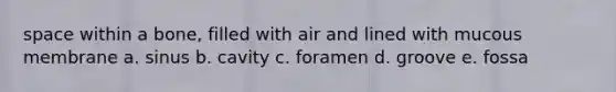 space within a bone, filled with air and lined with mucous membrane a. sinus b. cavity c. foramen d. groove e. fossa