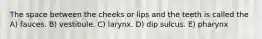 The space between the cheeks or lips and the teeth is called the A) fauces. B) vestibule. C) larynx. D) dip sulcus. E) pharynx