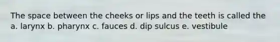 The space between the cheeks or lips and the teeth is called the a. larynx b. pharynx c. fauces d. dip sulcus e. vestibule