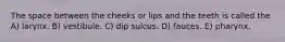 The space between the cheeks or lips and the teeth is called the A) larynx. B) vestibule. C) dip sulcus. D) fauces. E) pharynx.