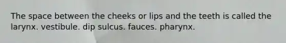 The space between the cheeks or lips and the teeth is called the larynx. vestibule. dip sulcus. fauces. pharynx.