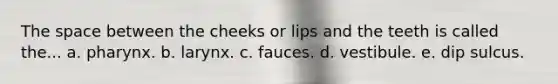 The space between the cheeks or lips and the teeth is called the... a. pharynx. b. larynx. c. fauces. d. vestibule. e. dip sulcus.