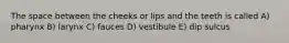 The space between the cheeks or lips and the teeth is called A) pharynx B) larynx C) fauces D) vestibule E) dip sulcus