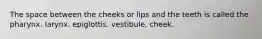 The space between the cheeks or lips and the teeth is called the pharynx. larynx. epiglottis. vestibule. cheek.