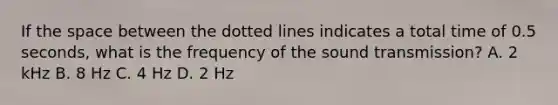 If the space between the dotted lines indicates a total time of 0.5 seconds, what is the frequency of the sound transmission? A. 2 kHz B. 8 Hz C. 4 Hz D. 2 Hz