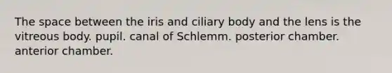 The space between the iris and ciliary body and the lens is the vitreous body. pupil. canal of Schlemm. posterior chamber. anterior chamber.