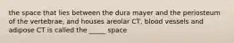 the space that lies between the dura mayer and the periosteum of the vertebrae, and houses areolar CT, blood vessels and adipose CT is called the _____ space