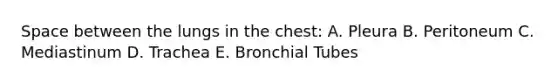 Space between the lungs in the chest: A. Pleura B. Peritoneum C. Mediastinum D. Trachea E. Bronchial Tubes