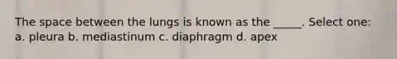 The space between the lungs is known as the _____. Select one: a. pleura b. mediastinum c. diaphragm d. apex