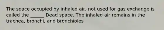 The space occupied by inhaled air, not used for gas exchange is called the ______ Dead space. The inhaled air remains in the trachea, bronchi, and bronchioles