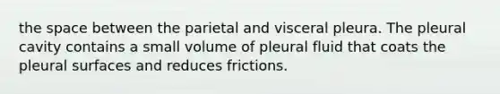 the space between the parietal and visceral pleura. The pleural cavity contains a small volume of pleural fluid that coats the pleural surfaces and reduces frictions.