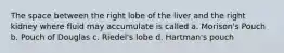 The space between the right lobe of the liver and the right kidney where fluid may accumulate is called a. Morison's Pouch b. Pouch of Douglas c. Riedel's lobe d. Hartman's pouch