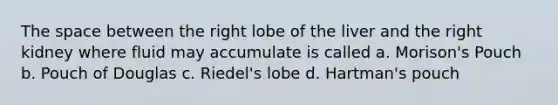 The space between the right lobe of the liver and the right kidney where fluid may accumulate is called a. Morison's Pouch b. Pouch of Douglas c. Riedel's lobe d. Hartman's pouch