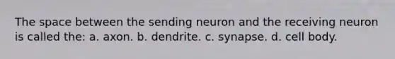 The space between the sending neuron and the receiving neuron is called the: a. axon. b. dendrite. c. synapse. d. cell body.