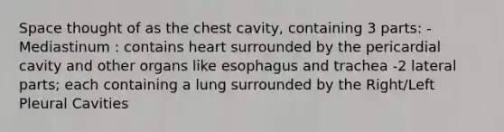 Space thought of as the chest cavity, containing 3 parts: -Mediastinum : contains heart surrounded by the pericardial cavity and other organs like esophagus and trachea -2 lateral parts; each containing a lung surrounded by the Right/Left Pleural Cavities