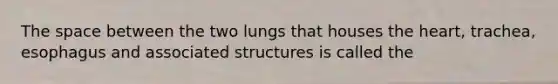 <a href='https://www.questionai.com/knowledge/k0Lyloclid-the-space' class='anchor-knowledge'>the space</a> between the two lungs that houses <a href='https://www.questionai.com/knowledge/kya8ocqc6o-the-heart' class='anchor-knowledge'>the heart</a>, trachea, esophagus and associated structures is called the