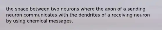 the space between two neurons where the axon of a sending neuron communicates with the dendrites of a receiving neuron by using chemical messages.