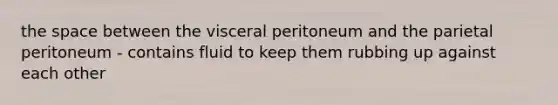 the space between the visceral peritoneum and the parietal peritoneum - contains fluid to keep them rubbing up against each other