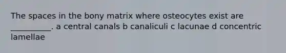 The spaces in the bony matrix where osteocytes exist are __________. a central canals b canaliculi c lacunae d concentric lamellae