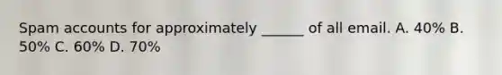 Spam accounts for approximately ______ of all email. A. 40% B. 50% C. 60% D. 70%