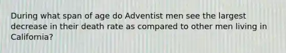 During what span of age do Adventist men see the largest decrease in their death rate as compared to other men living in California?