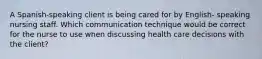 A Spanish-speaking client is being cared for by English- speaking nursing staff. Which communication technique would be correct for the nurse to use when discussing health care decisions with the client?