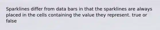 Sparklines differ from data bars in that the sparklines are always placed in the cells containing the value they represent. true or false