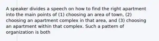 A speaker divides a speech on how to find the right apartment into the main points of (1) choosing an area of town, (2) choosing an apartment complex in that area, and (3) choosing an apartment within that complex. Such a pattern of organization is both