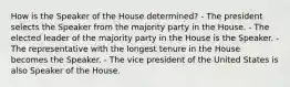 How is the Speaker of the House determined? - The president selects the Speaker from the majority party in the House. - The elected leader of the majority party in the House is the Speaker. - The representative with the longest tenure in the House becomes the Speaker. - The vice president of the United States is also Speaker of the House.